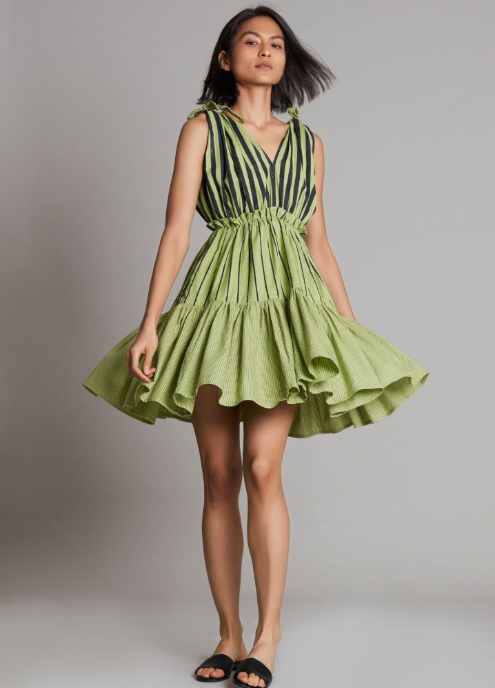 A Model Wearing  Green Pure Cotton Lakeerein Green Frill Dress, curated by Only Ethikal
