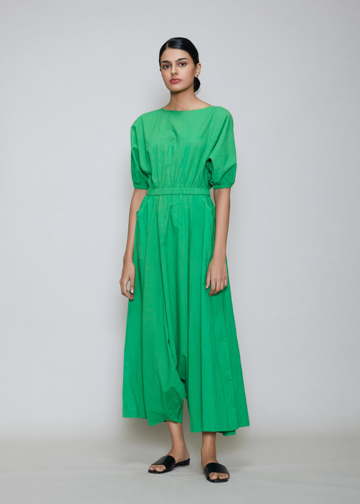 Women wearing Handwoven Cotton Jumpsuit green Sphara Jumpsuit by Mati curated by Only ethikal 