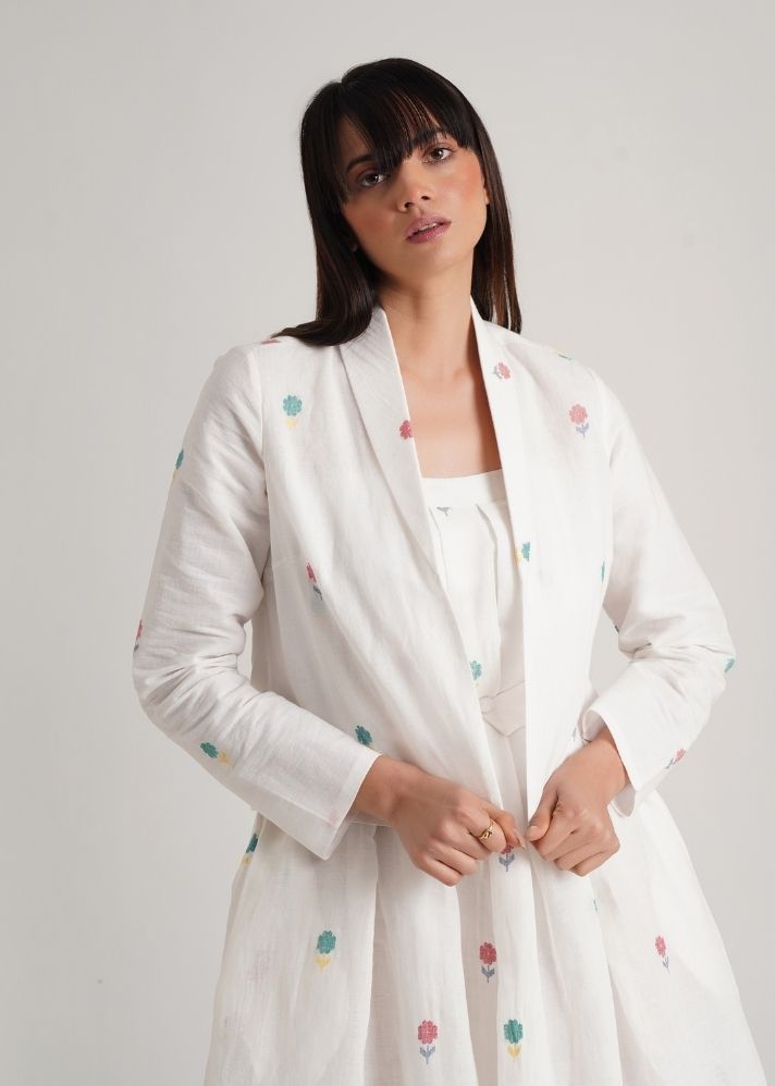 A Model Wearing White Pure Cotton Evelina With Jacket, curated by Only Ethikal
