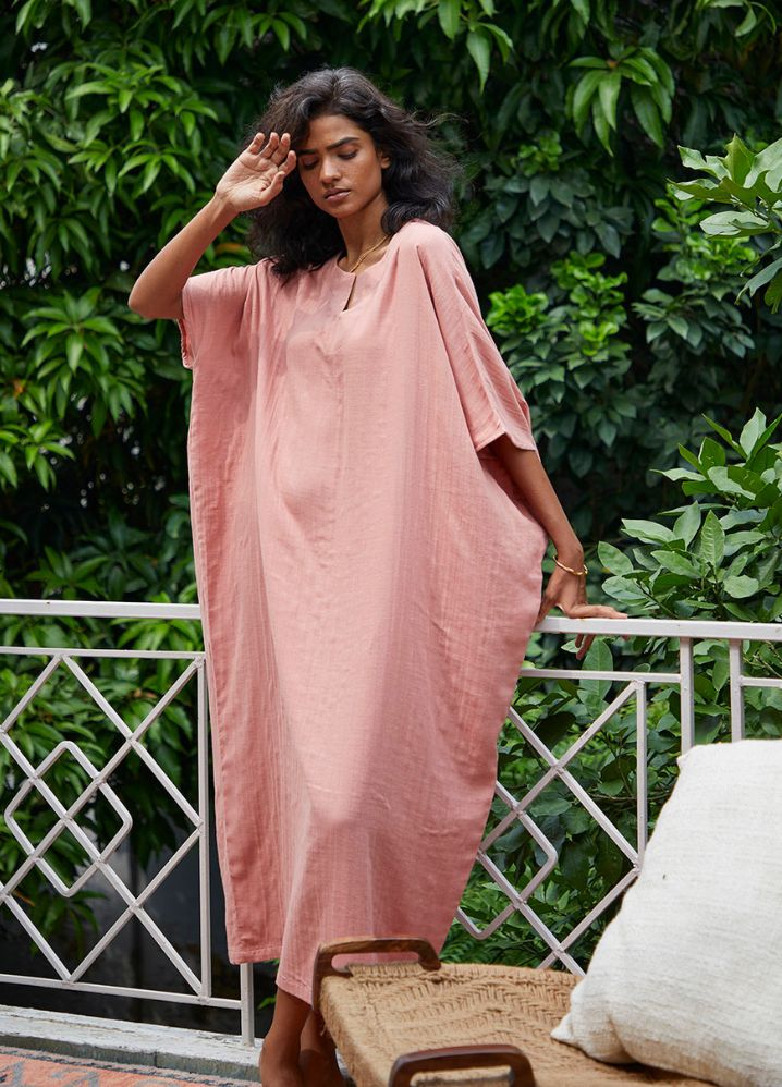 A Model Wearing  Pink Pure Cotton Amaranth Kaftan, curated by Only Ethikal