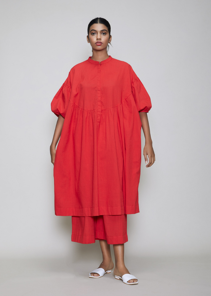 Women wearing Handwoven Cotton red Acra Tunic Set by Mati curated by Only ethikal 