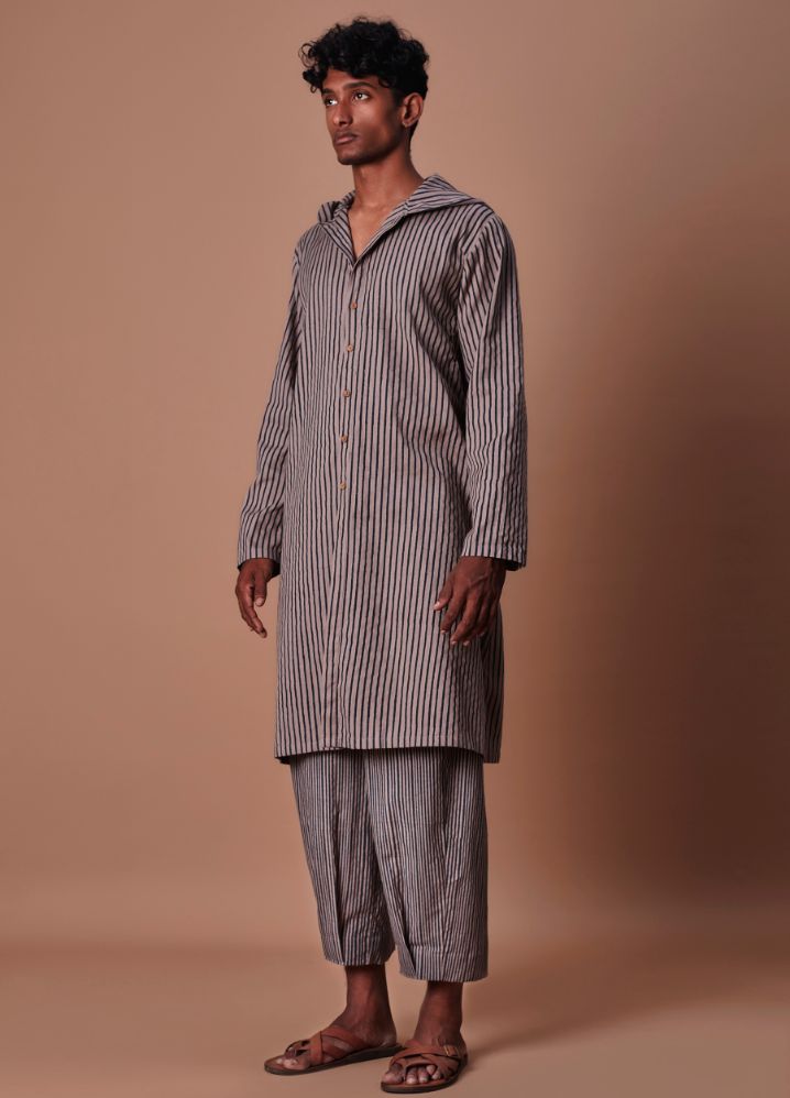 A Model Wearing  Striped Grey Pure Cotton Men's Grey Hooded Striped Kurta, curated by Only Ethikal