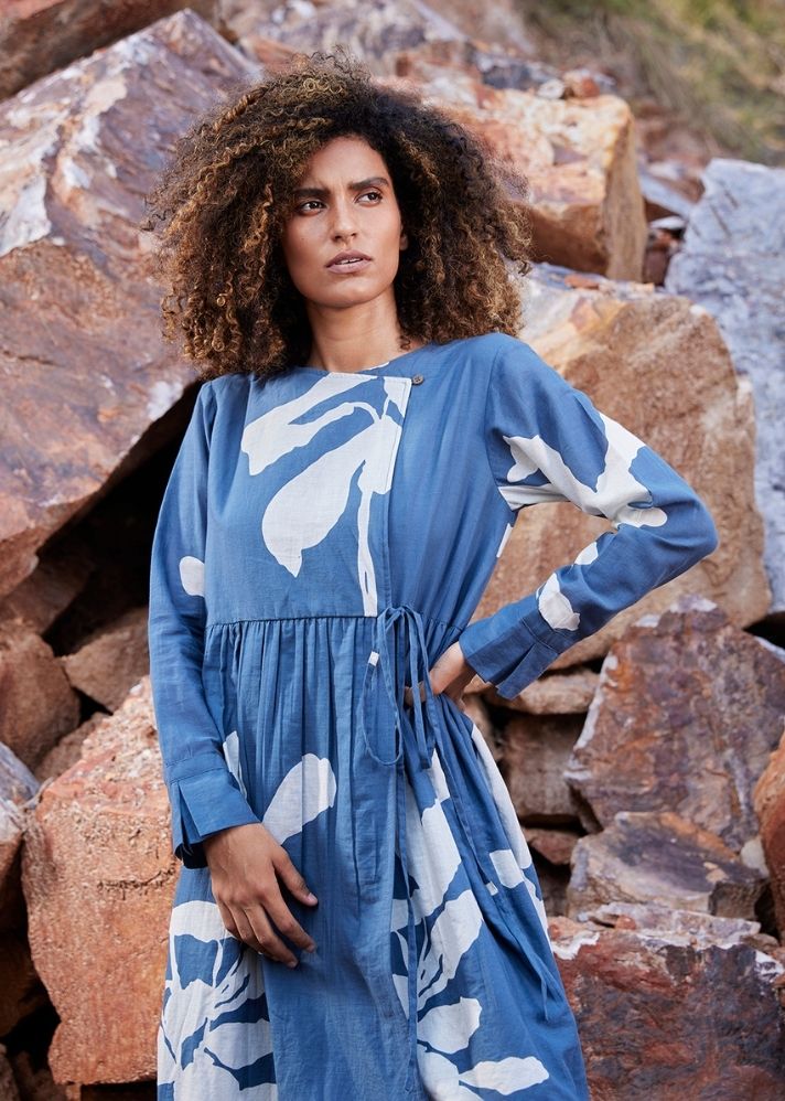 A Model Wearing Blue Pure Cotton Distant Cloud Dress, curated by Only Ethikal
