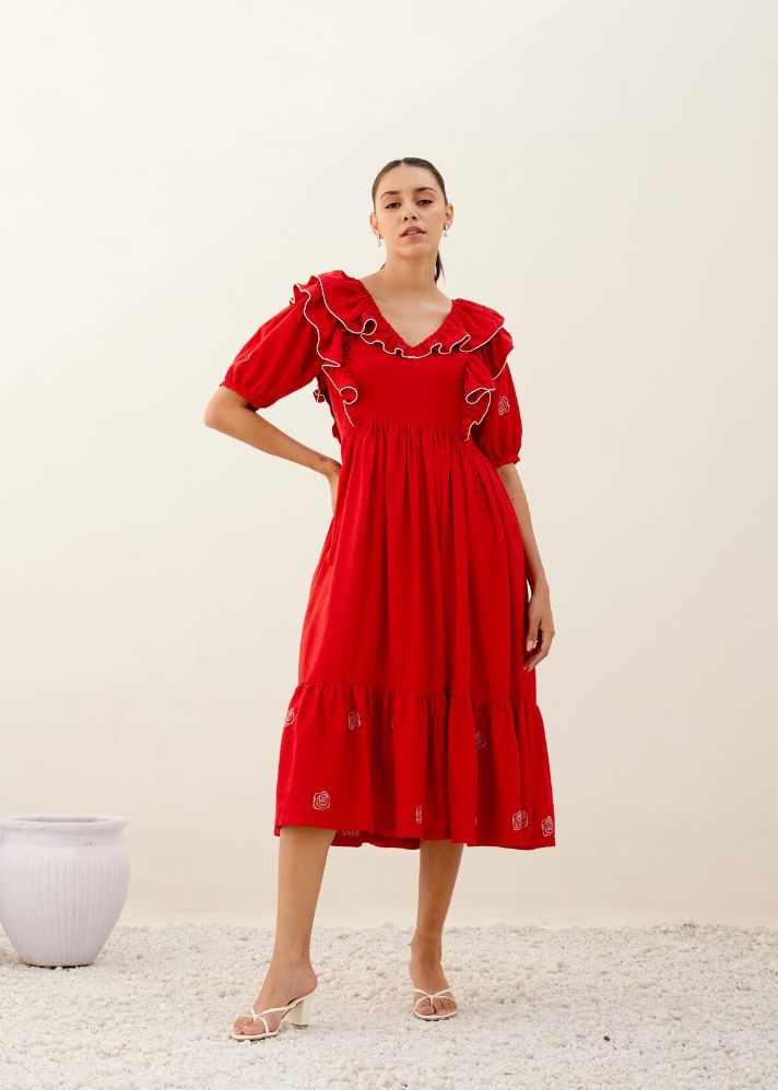 A Model Wearing Red Hemp Red Wild Flower Dress, curated by Only Ethikal