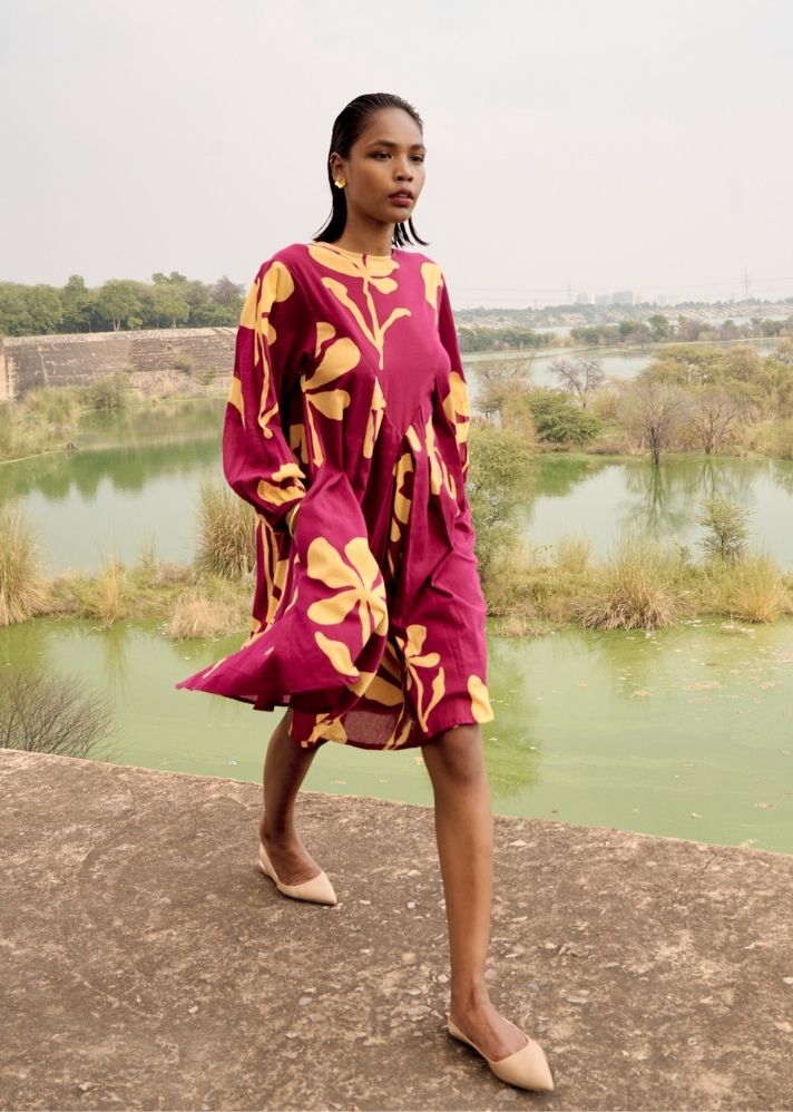 A Model Wearing Multicolor Pure Cotton Rose Finch Dress, curated by Only Ethikal