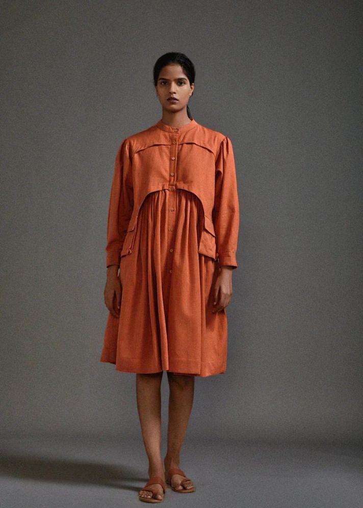 A Model Wearing Rust Handwoven Cotton Safari Short Dress, curated by Only Ethikal