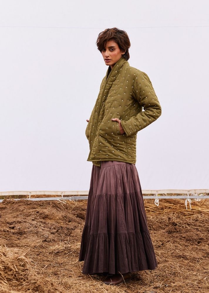 A Model Wearing Olive Pure Cotton Clove Jacket, curated by Only Ethikal
