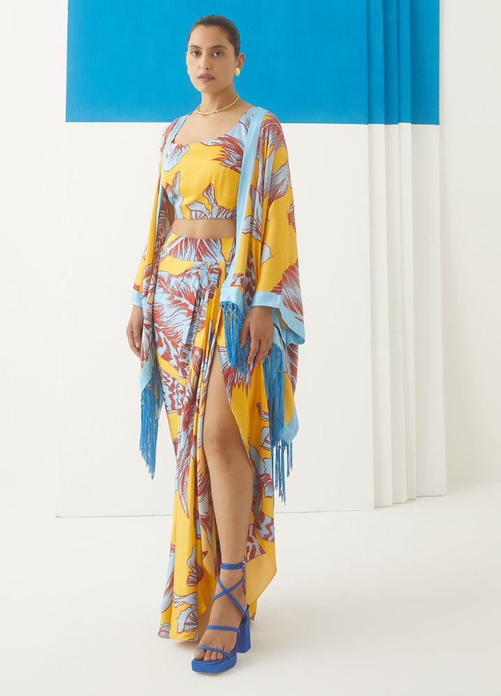 A Model Wearing  Multicolor Bemberg Aphrodite Kimono, curated by Only Ethikal