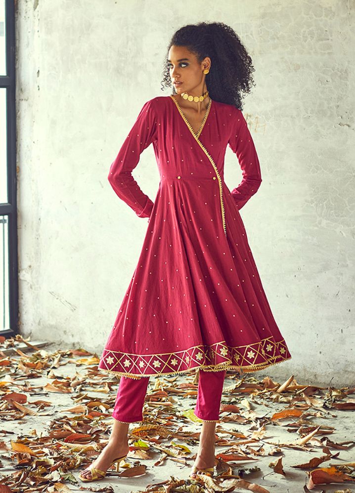 A Model Wearing Pink Pure Cotton Angoori Kurta Set, curated by Only Ethikal