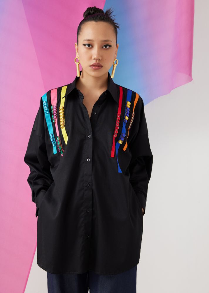 A Model Wearing Multicolor Cotton Night Sky Embroidered Boxy Shirt, curated by Only Ethikal