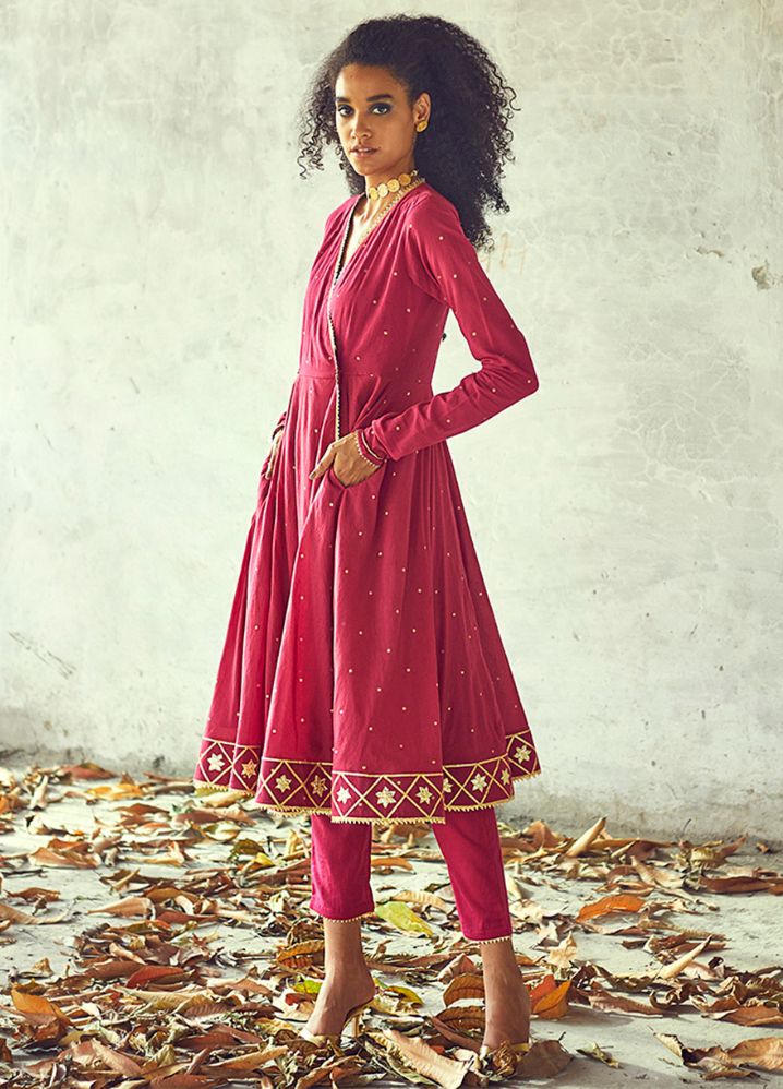 A Model Wearing Pink Pure Cotton Angoori Kurta Set, curated by Only Ethikal