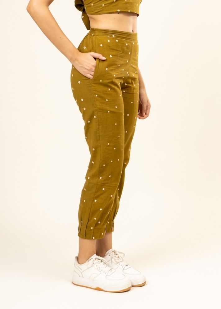 A Model Wearing Green Upcycled Cotton Nancy Tucked Pants, curated by Only Ethikal