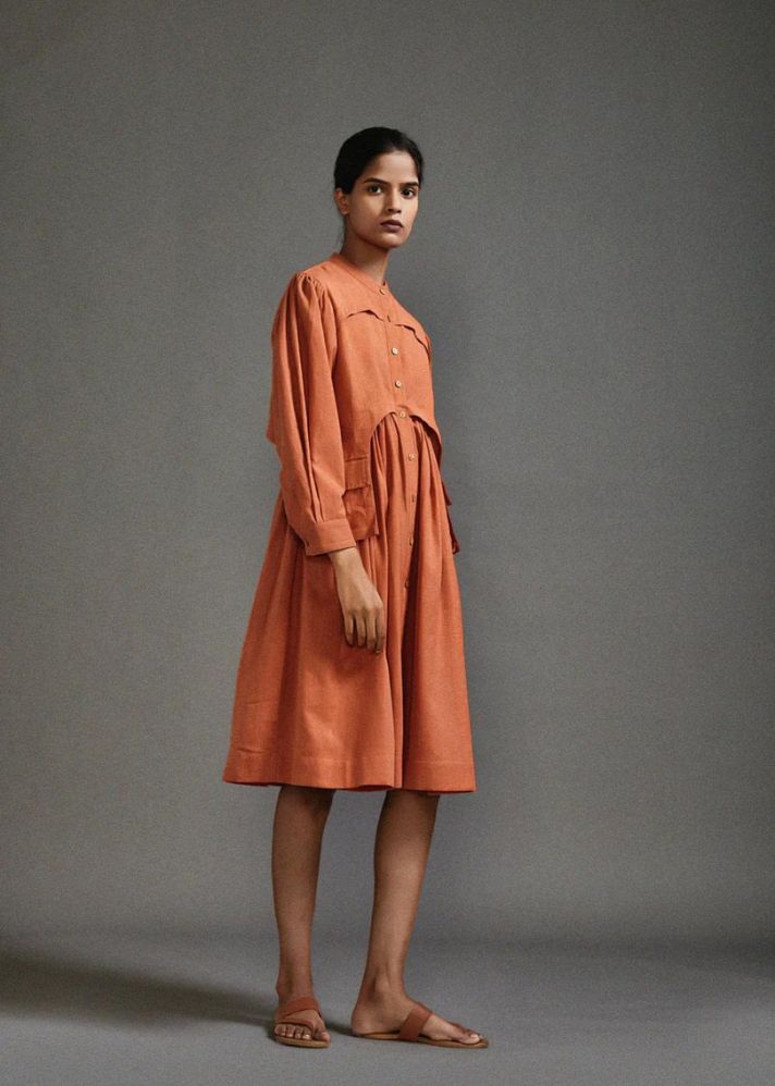 A Model Wearing Rust Handwoven Cotton Safari Short Dress, curated by Only Ethikal