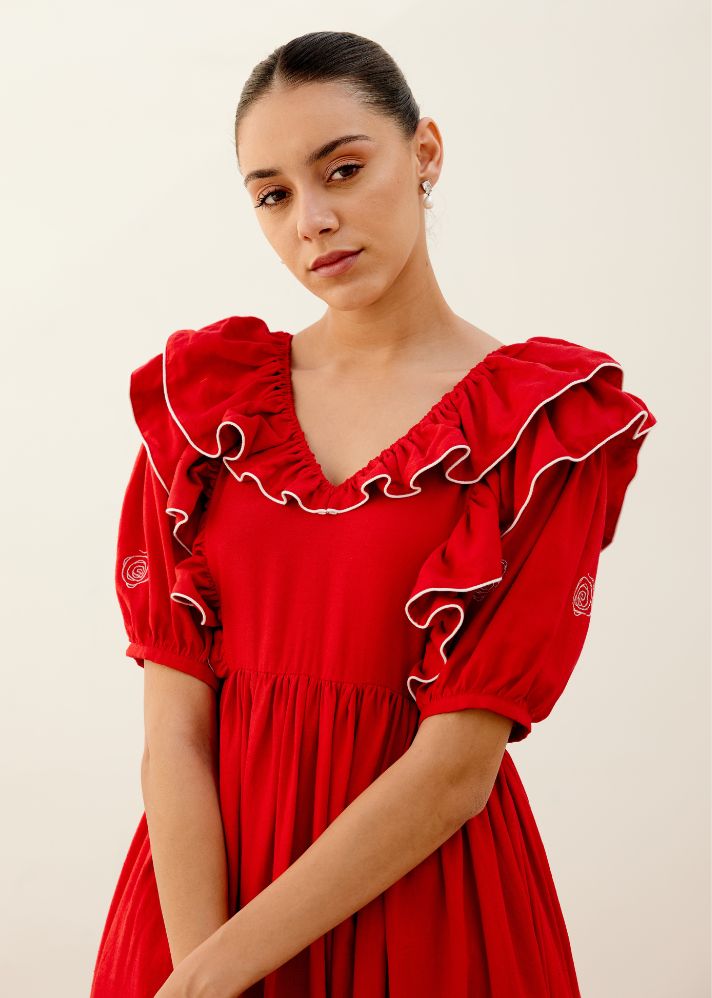 A Model Wearing Red Hemp Red Wild Flower Dress, curated by Only Ethikal