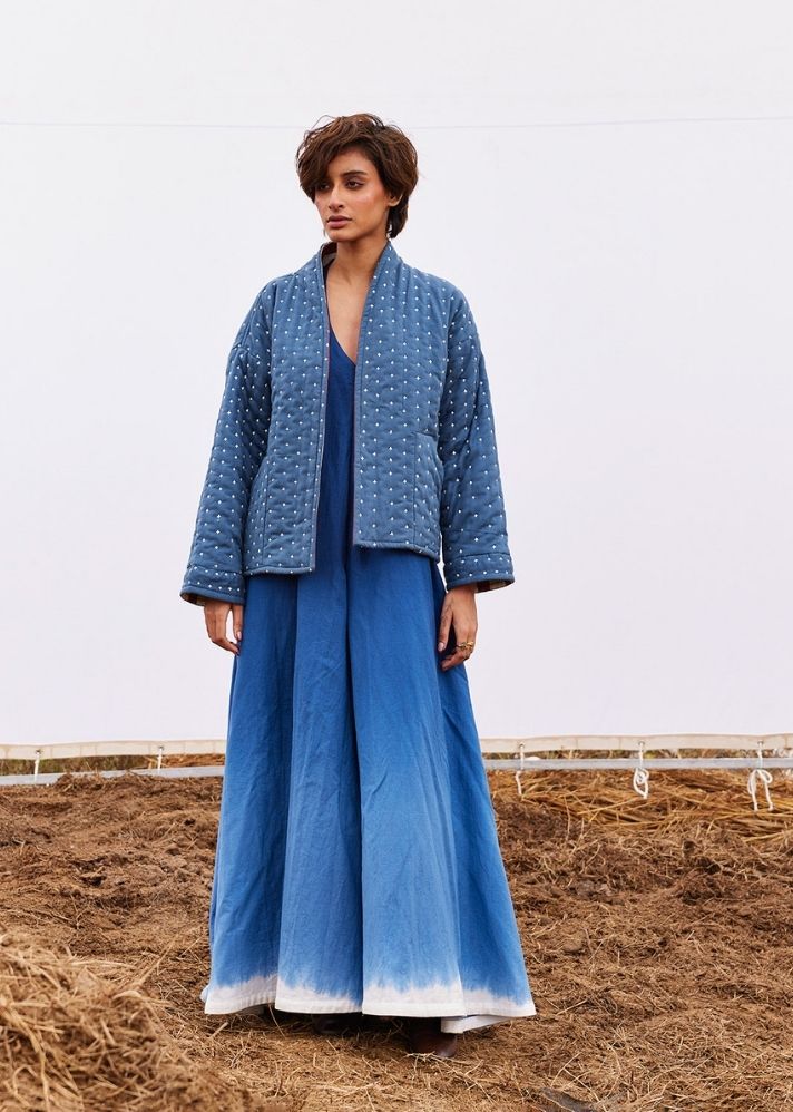 A Model Wearing Blue Handwoven Cotton Cyan Jacket, curated by Only Ethikal