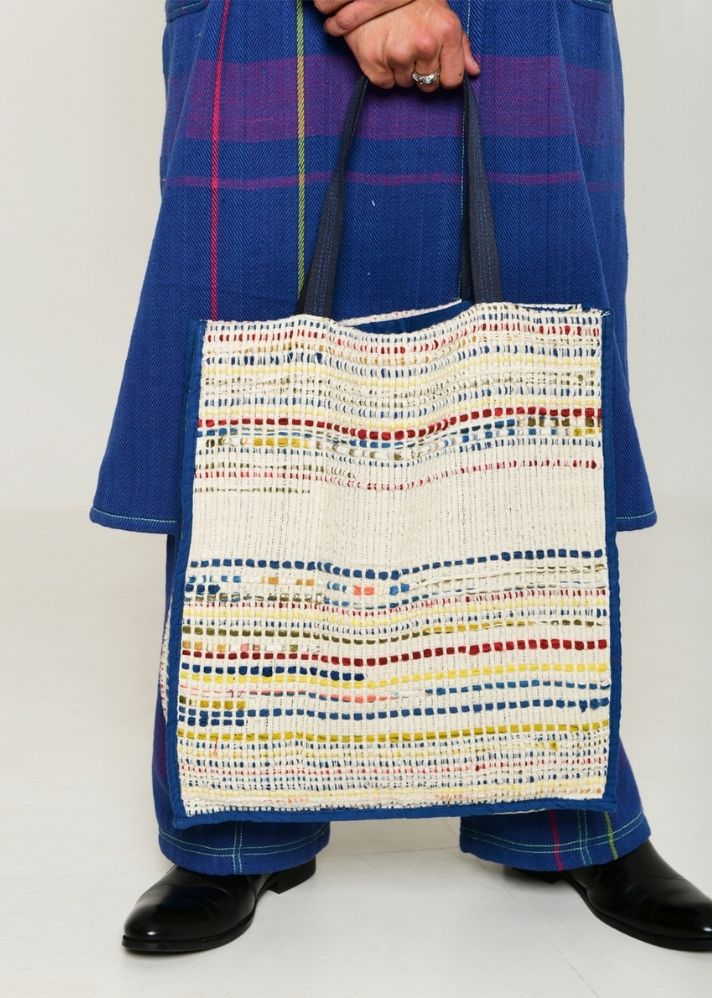 A Model Wearing Multicolor Handwoven Cotton Recycle Kora Fumiko Bag, curated by Only Ethikal