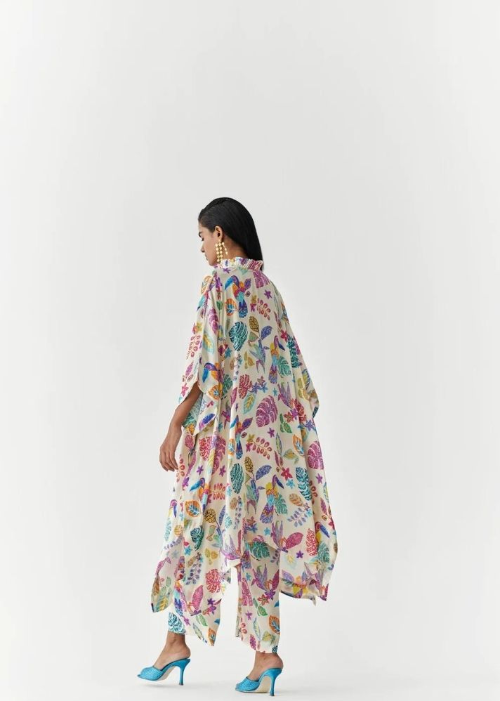 A Model Wearing Multicolor Organic Cupro Amazon Kimono And Pants Co-Ord, curated by Only Ethikal