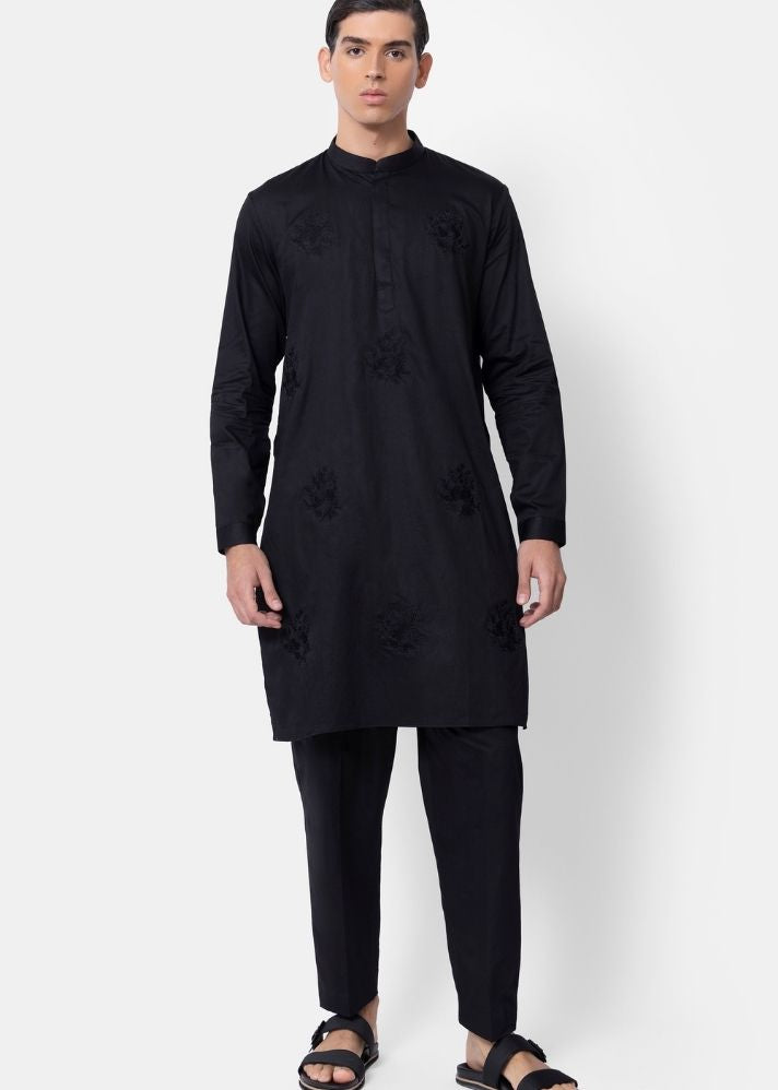 A Model Wearing Black Pure Cotton THE BAGH KURTA PYJAMA SET, curated by Only Ethikal
