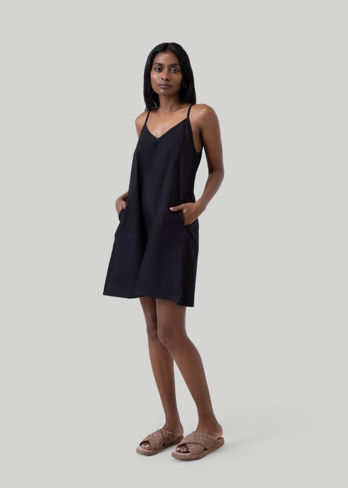 A Model Wearing Black Pure Cotton Short Tent Dress with back tie Black, curated by Only Ethikal