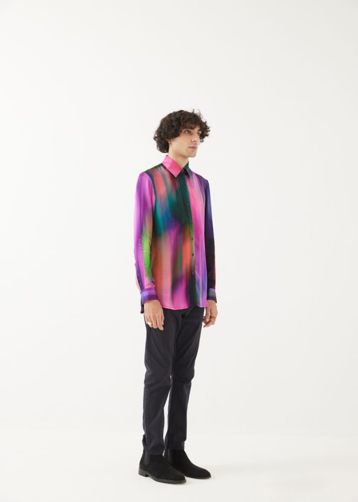 A Model Wearing Multicolor Organic Cupro Milky Way Men'S Shirt, curated by Only Ethikal