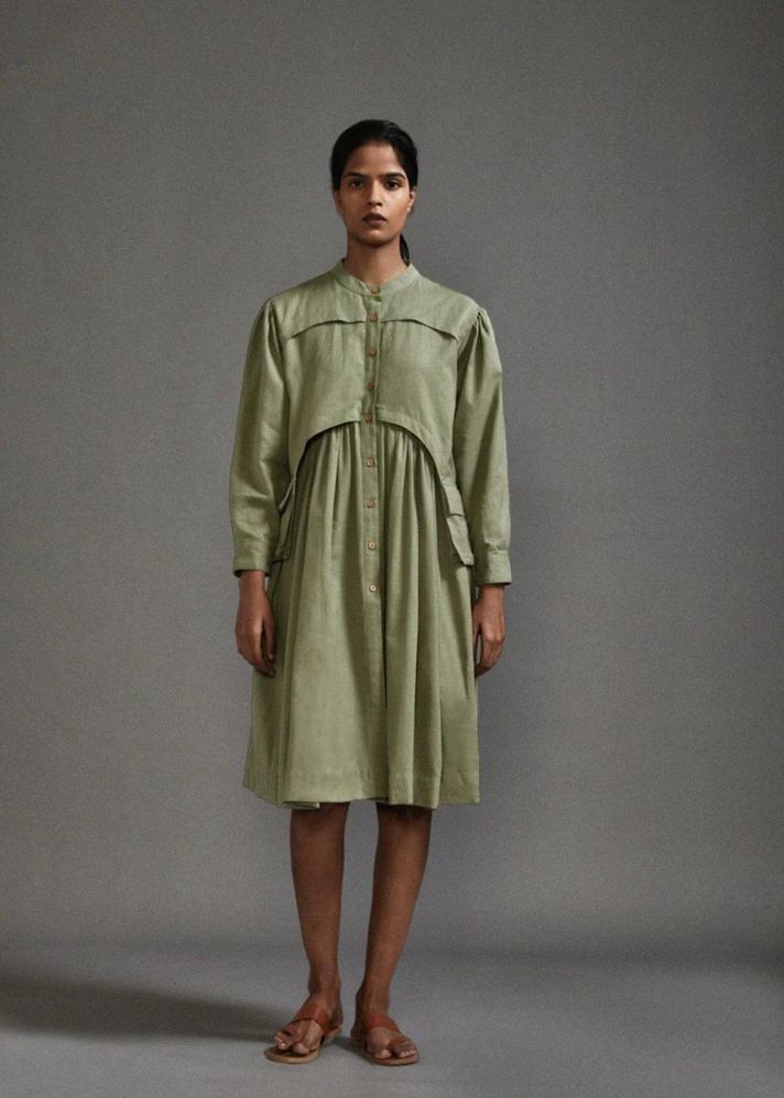A Model Wearing Green Handwoven Cotton Safari Short Dress, curated by Only Ethikal