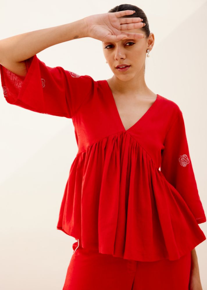 A Model Wearing Red Hemp Red Mia Top, curated by Only Ethikal