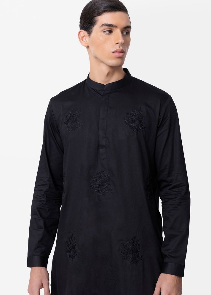 A Model Wearing Black Pure Cotton THE BAGH KURTA PYJAMA SET, curated by Only Ethikal