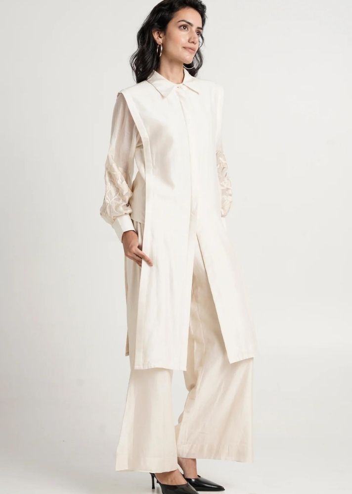 A Model Wearing White Pure Cotton Bucklerco-Ord Set, curated by Only Ethikal