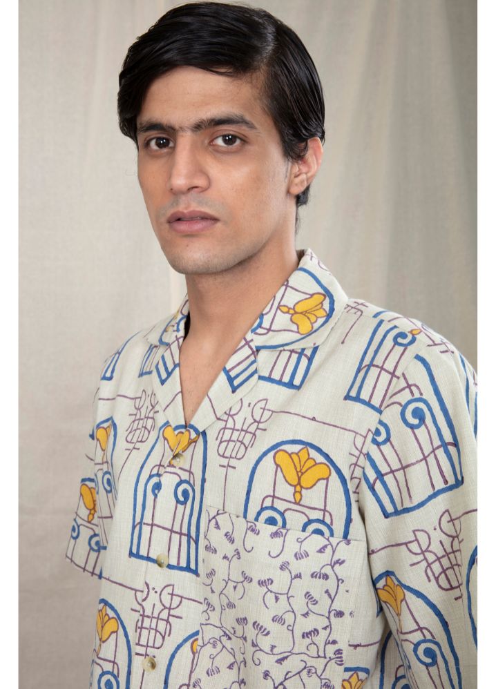 A model wearing Block Printed Multicolor Handwoven Cotton Easy Breezy Shirt, curated by Only Ethikal