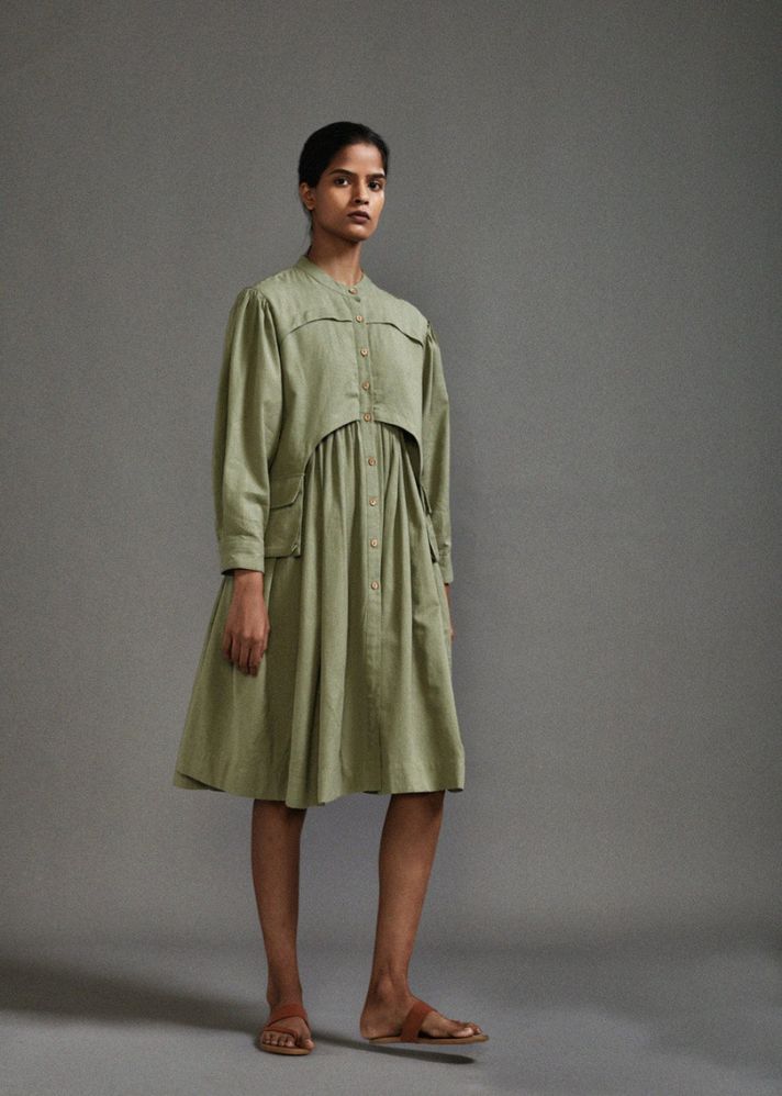 A Model Wearing Green Handwoven Cotton Safari Short Dress, curated by Only Ethikal