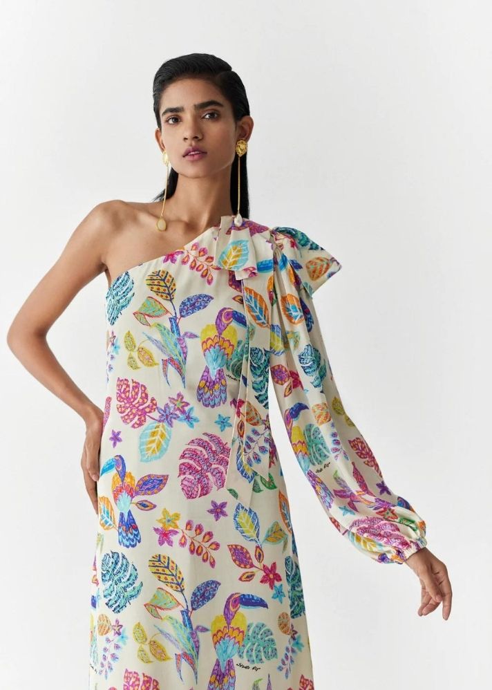 A Model Wearing Multicolor Organic Cupro Amazon One Shoulder Dress, curated by Only Ethikal