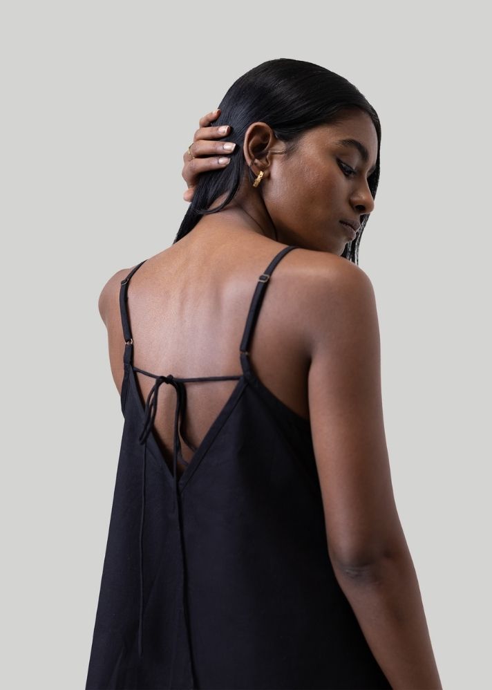 A Model Wearing Black Pure Cotton Short Tent Dress with back tie Black, curated by Only Ethikal