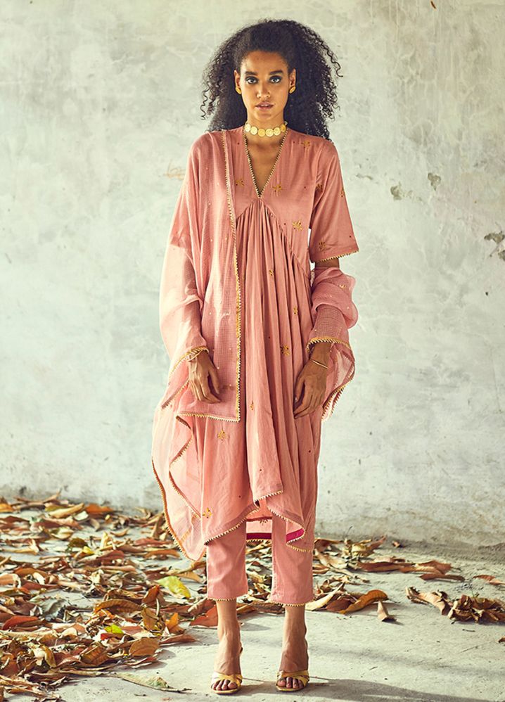 A Model Wearing Embroidered Pink Pure Cotton Kamal Poshak (Set Of 3), curated by Only Ethikal
