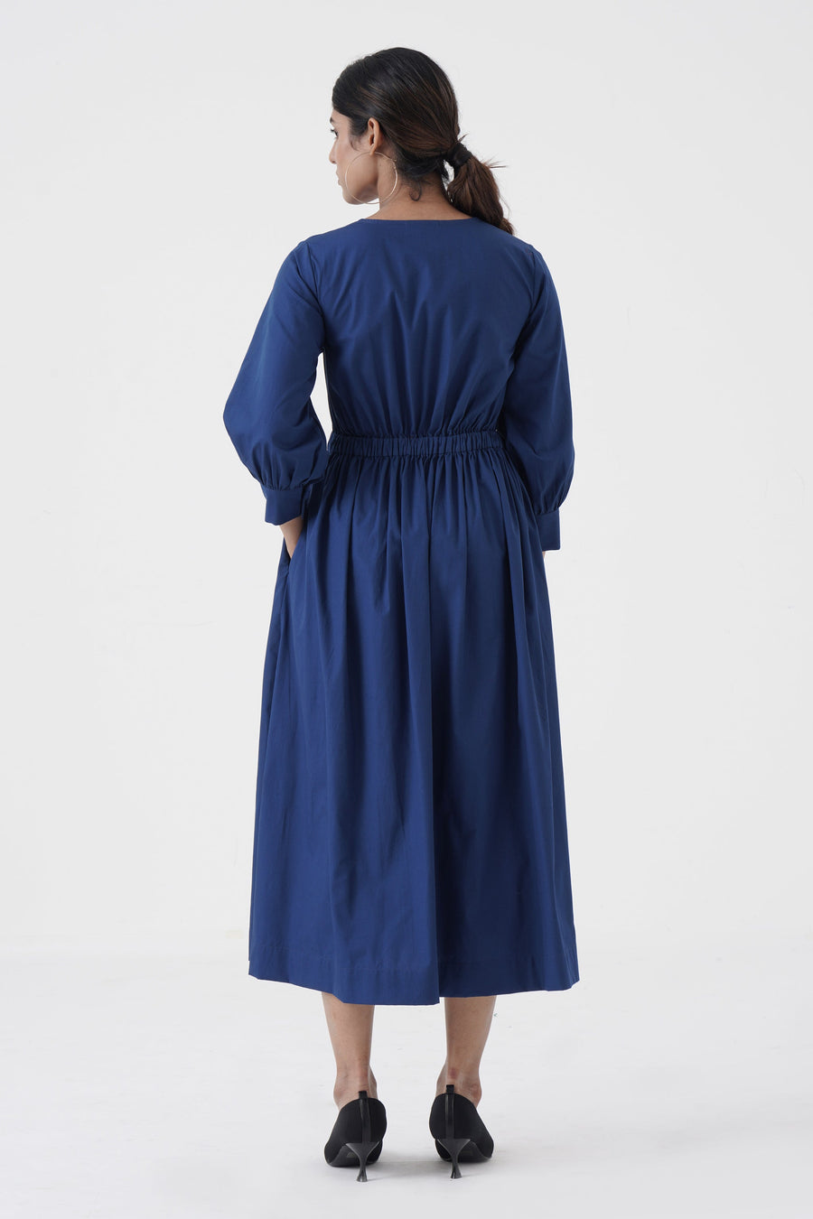 A Model Wearing Blue Pure Cotton Euphoric- Double button placket dress- Blue, curated by Only Ethikal