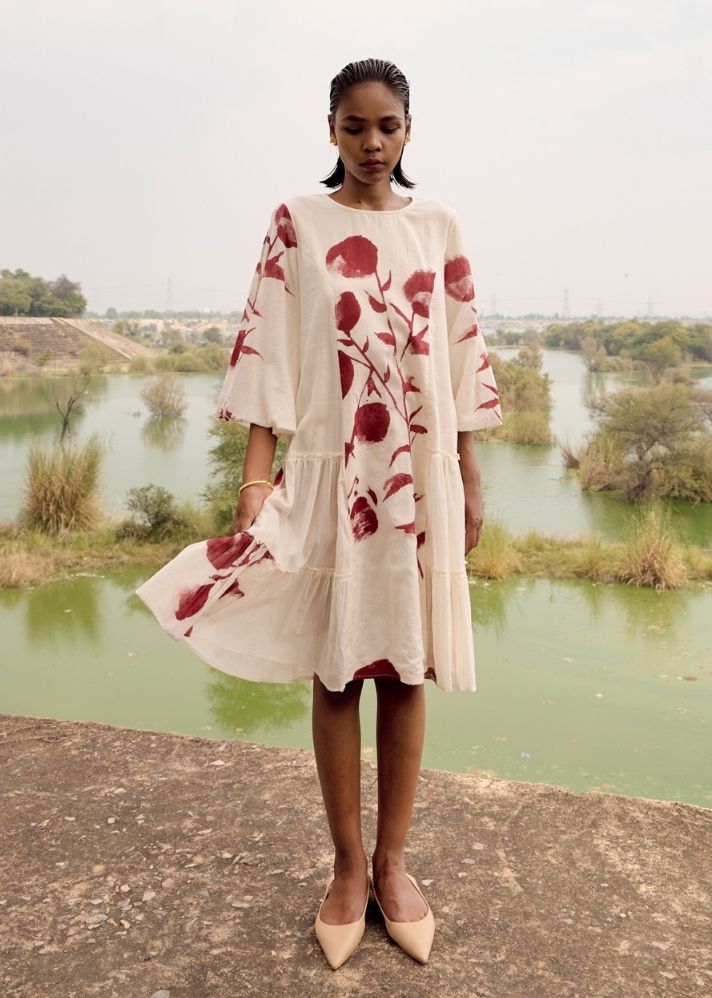 A Model Wearing Multicolor Pure Cotton Rose Finch Dress, curated by Only Ethikal