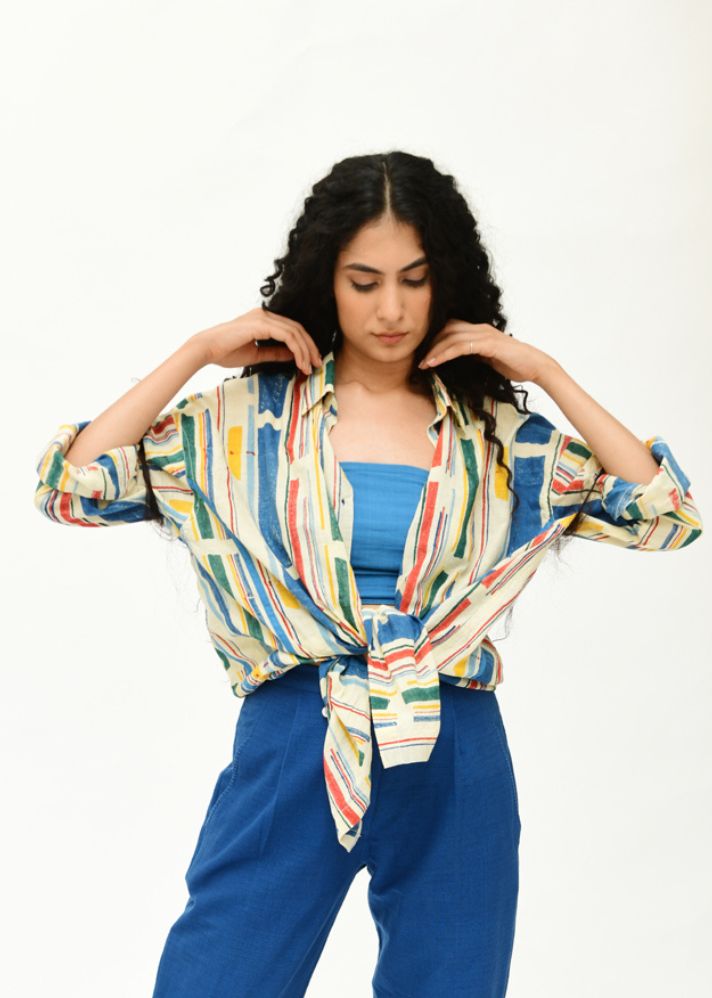 A Model Wearing Multicolor  Organic Cotton  Knotted Shirt Style , curated by Only Ethikal