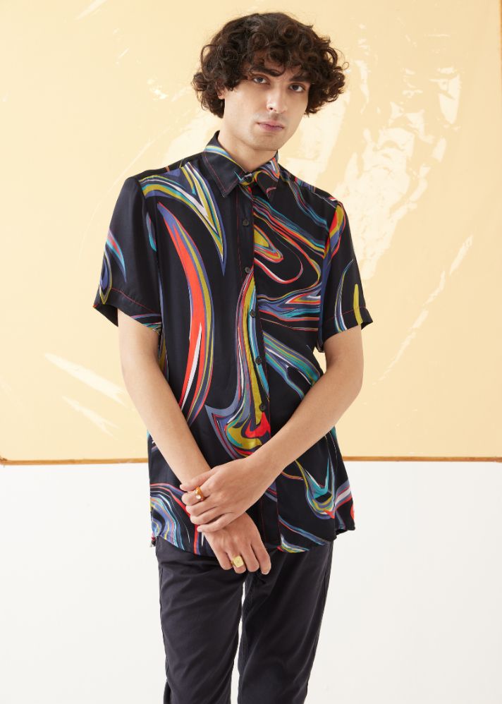 A Model Wearing Multicolor Organic Cupro Galaxy Half Sleeves Men'S Shirt, curated by Only Ethikal