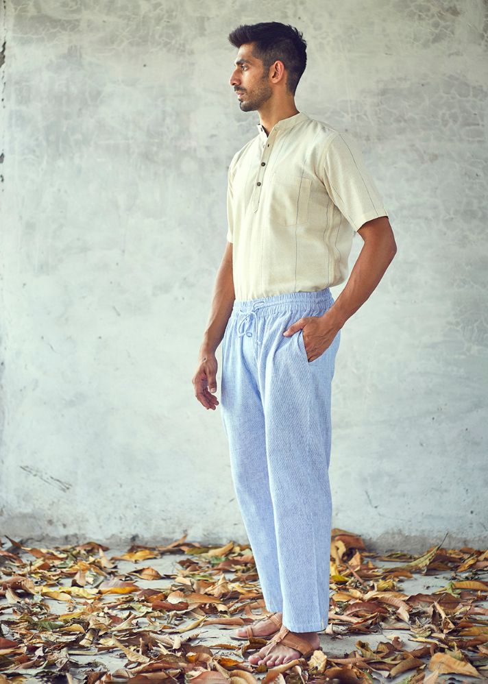 A Model Wearing Blue  Pure Cotton Skyline Trouser, curated by Only Ethikal