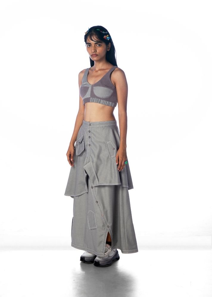 A Model Wearing Grey Lyocell Heeroh Masterji Skirt, curated by Only Ethikal