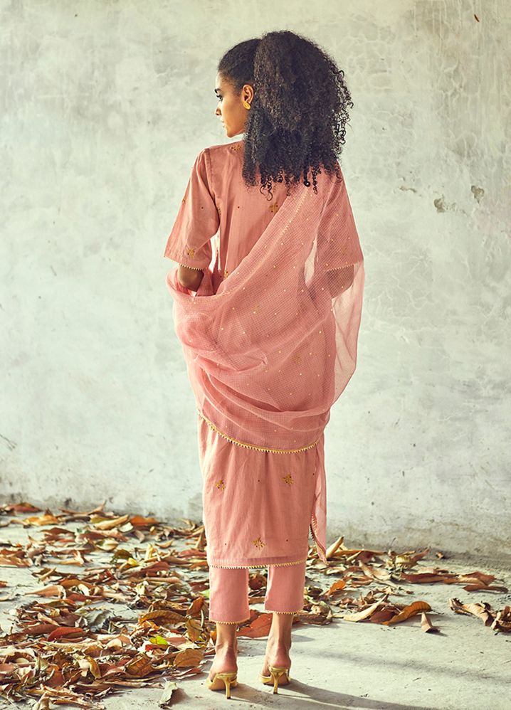 A Model Wearing Embroidered Pink Pure Cotton Kamal Poshak (Set Of 3), curated by Only Ethikal