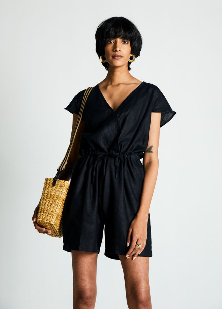 A Model Wearing  Black Hemp Smokes And Mirror Romper, curated by Only Ethikal