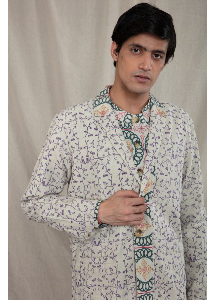 A model wearing Block Printed Multicolor Handwoven Cotton Summer Jacket, curated by Only Ethikal