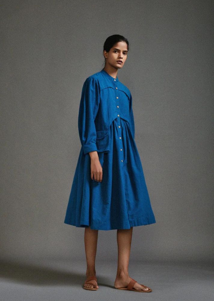 A Model Wearing Blue Handwoven Cotton Safari Short Dress, curated by Only Ethikal