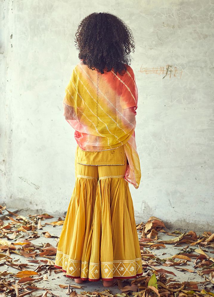A Model Wearing Embroidered Yellow Pure Cotton Halda Sharara Set, curated by Only Ethikal