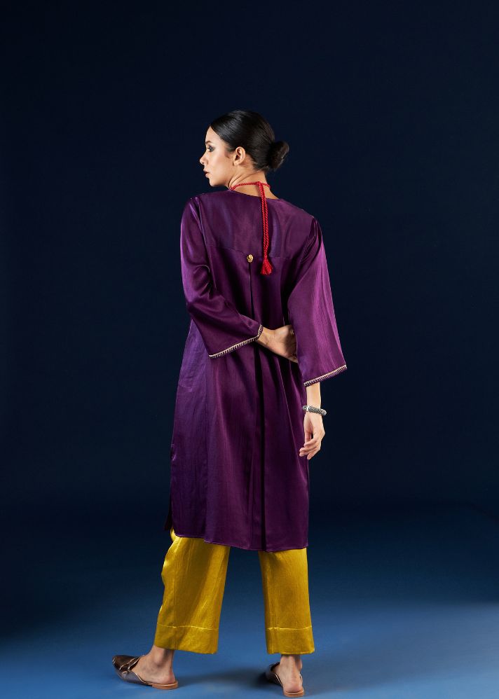 A Model Wearing Multicolor Silk Deep Purple & Gold Yellow Kalidaar Kurta Set- FC-2302, curated by Only Ethikal