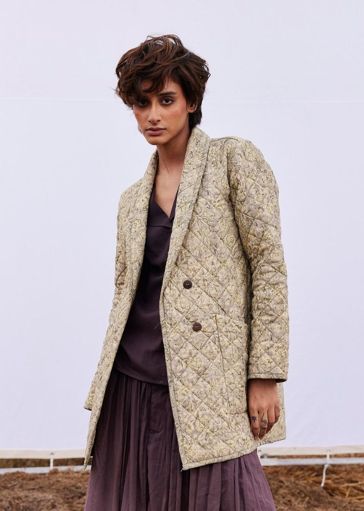 A Model Wearing Beige Pure Cotton Stone Floral Jacket, curated by Only Ethikal
