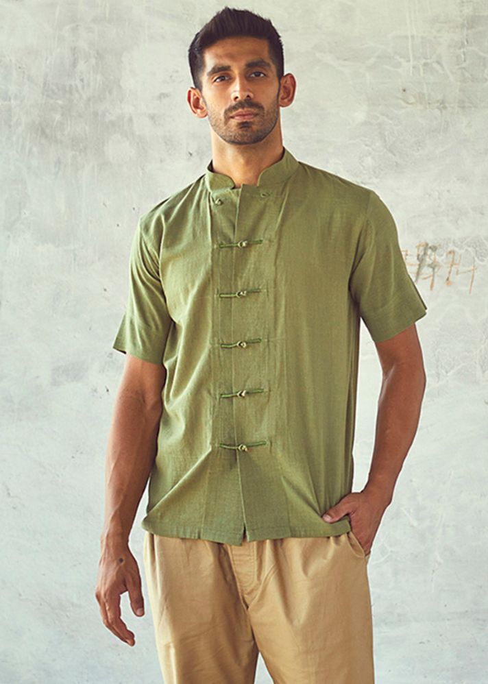A Model Wearing Green Pure Cotton Cryon Shirt, curated by Only Ethikal