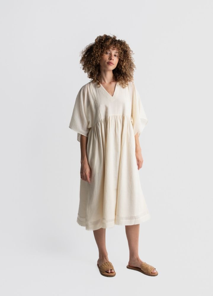 A Model Wearing White Handwoven Cotton Boxy sleeve dress, curated by Only Ethikal