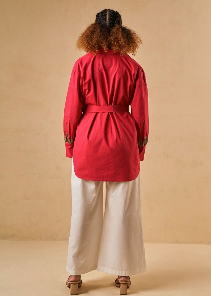A Model Wearing Red Organic Cotton Coral Sunset organic cotton shirt, curated by Only Ethikal