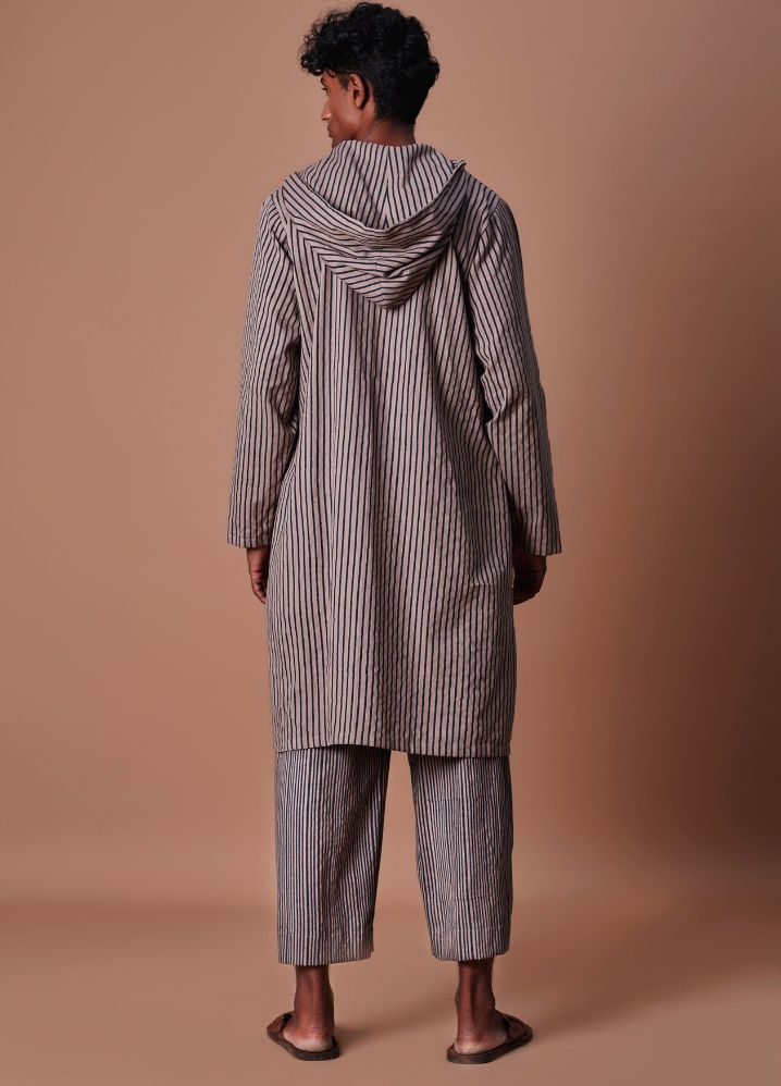 A Model Wearing  Striped Grey Pure Cotton Men's Grey Hooded Striped Kurta, curated by Only Ethikal